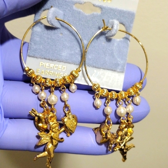 Women's Polished Gold-tone Beaded Dangle Charms Hoop Drop Dangle Earrings 3-inch - Picture 1 of 5